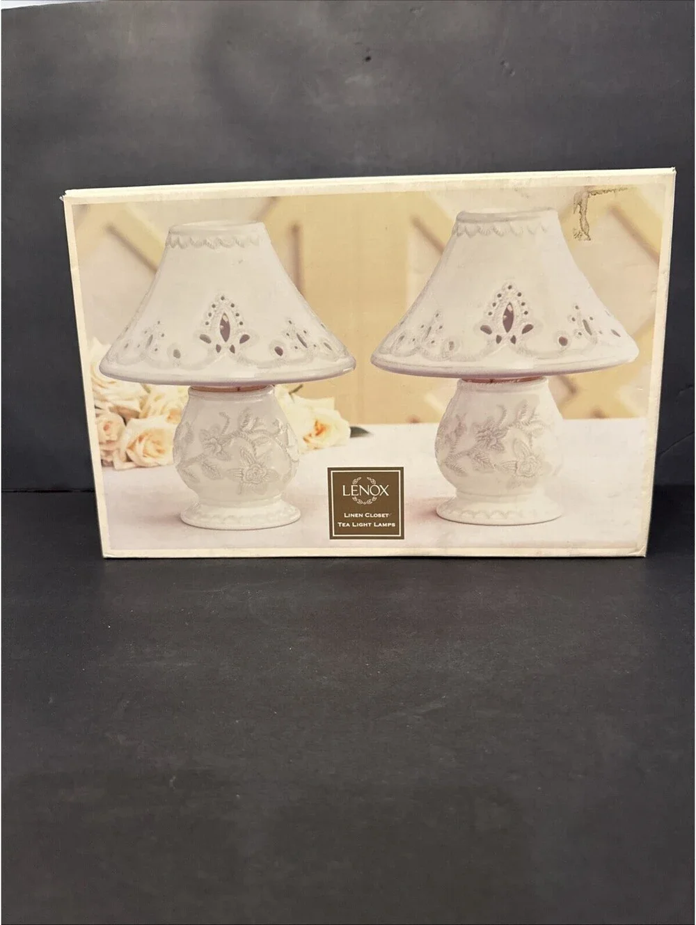 New Lenox Set Of 2 Linen Closet Tea Light Lamp Set Ivory NIB